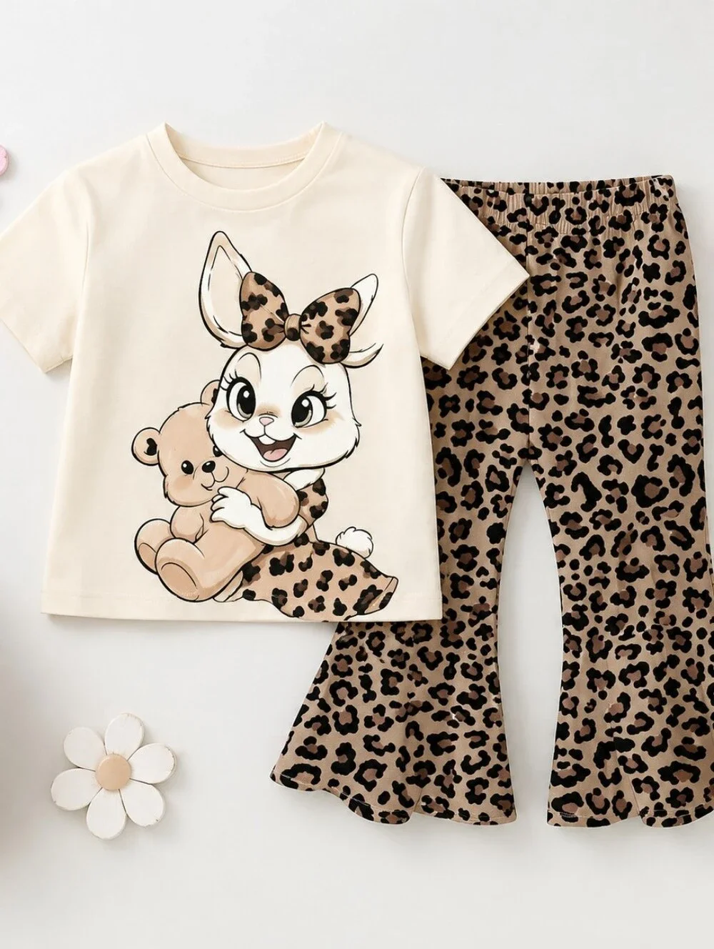 SHEIN 3 Years Old Girl Cream Bunny Tee with Leopard Bow & Leopard Flare Pants✨